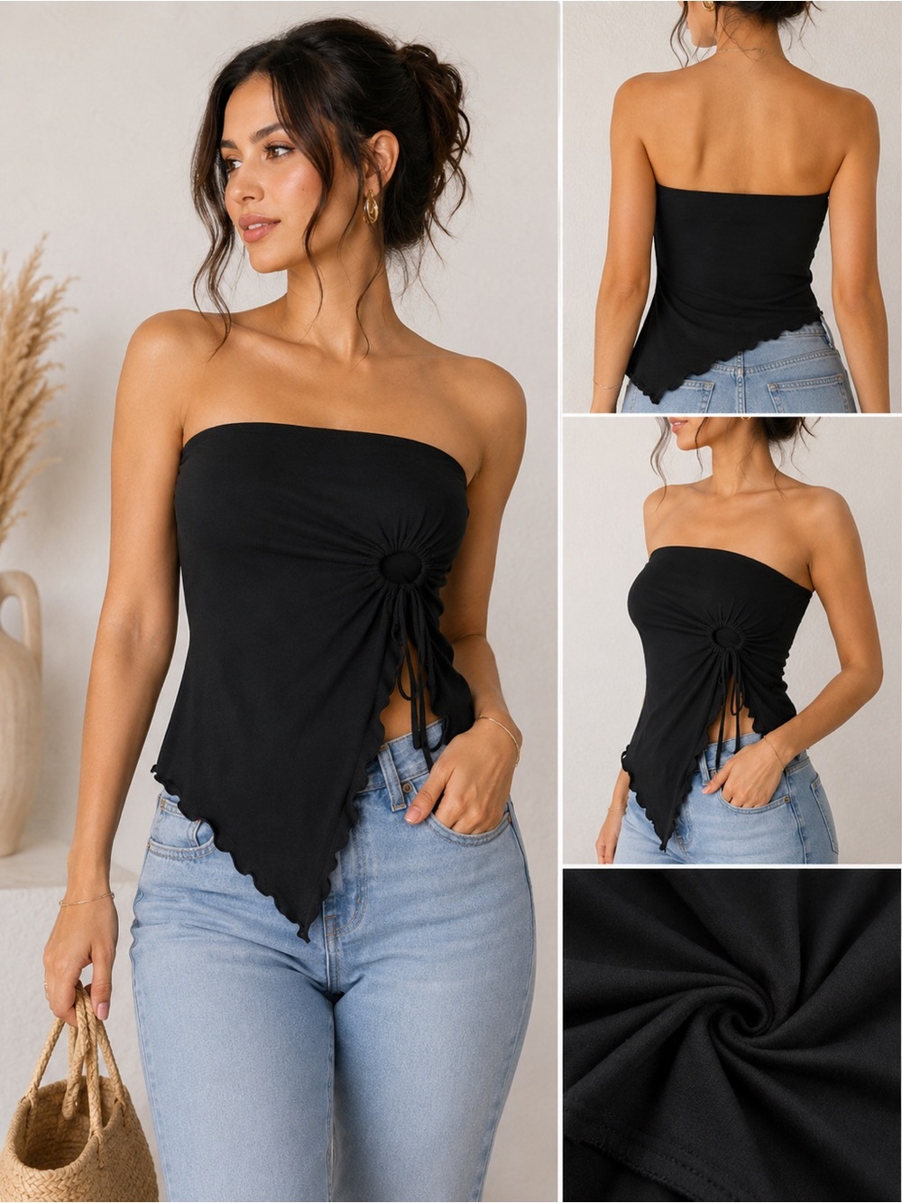 Strapless Black Ruched Handkerchief Hem Top